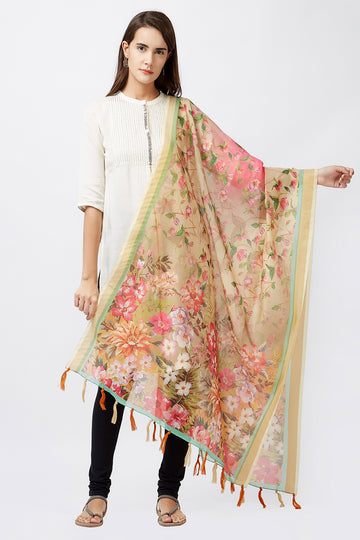 Beige Color Digital Floral Print Chanderi Silk Dupatta